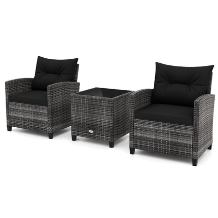 3 Pieces Outdoor Wicker Conversation Set with Tempered Glass Tabletop-Black