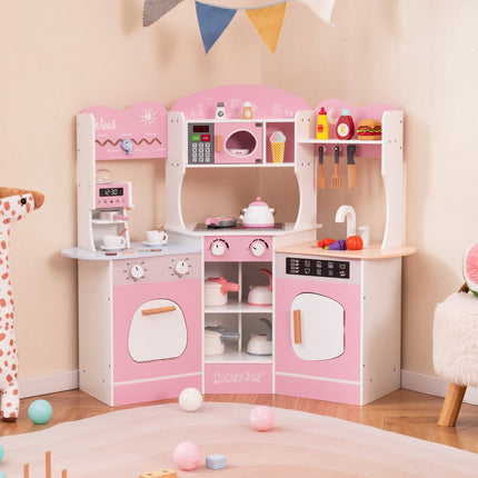 Corner Wooden Play Kitchen with Coffee Machine and Slide for Kids-Brown