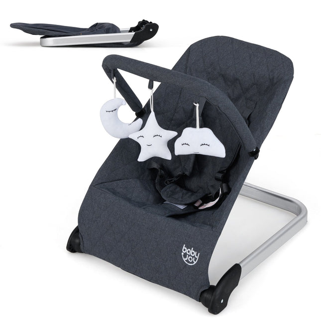Foldable Baby Bouncer with Removable Fabric Cover and Toy Bar-Black