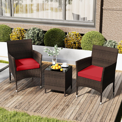 3 Pieces Outdoor Conversation Set with Cushioned Seat and Glass Tabletop-Beige