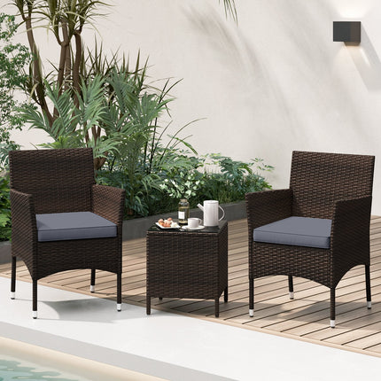 3 Pieces Outdoor Conversation Set with Cushioned Seat and Glass Tabletop-Beige