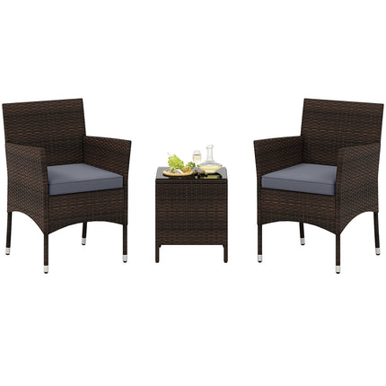 3 Pieces Outdoor Conversation Set with Cushioned Seat and Glass Tabletop-Beige