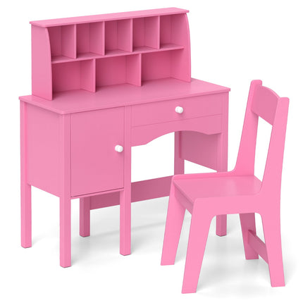 Kids Study Desk and Chair Set with Chair Hutch and Storage Cabinet for 3+ Years Old-Pink