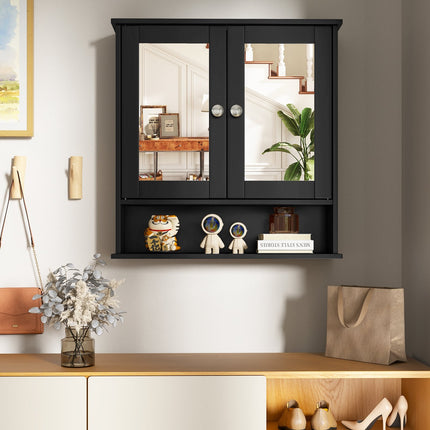 Double Door Wall-Mounted Bathroom Mirror Cabinet with Storage Shelf-Black
