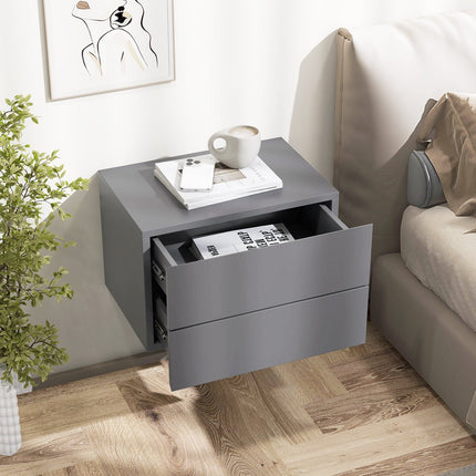 Floating Nightstand with Drawers and Storage Shelf-Gray