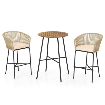 3 Pieces Rope Woven Patio Bar Set with Soft Cushions and Acacia Wood Tabletop-Beige