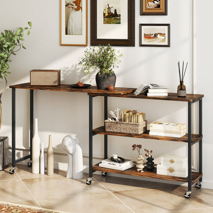 Patented Large 360-Degree Free Rotating Sofa Side Table with Wheels and Storage Shelf-Brown