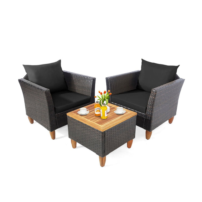 3 Pieces Patio Rattan Bistro Furniture Set-Black