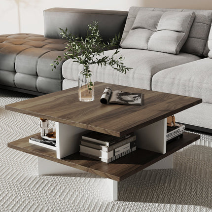 2-Tier Square Coffee Table with 4 Storage Compartments-Walnut