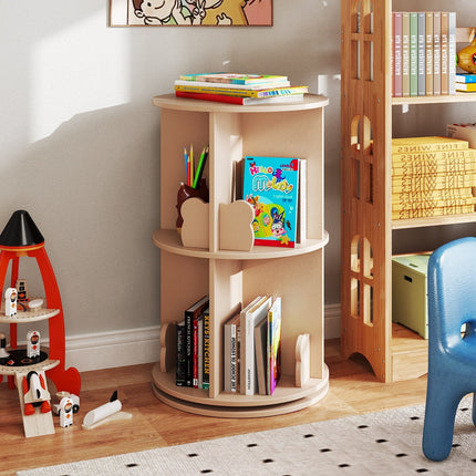 2 Tier Freestanding Kids Rotating Bookshelf Storage Rack with Bear Baffles-Natural