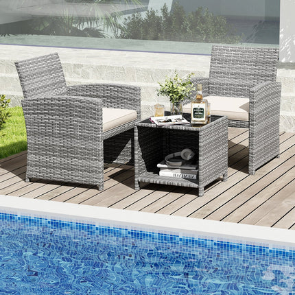 3 Pieces Patio Furniture Set with Tempered Glass Coffee Table and Soft Seat Cushions-Black