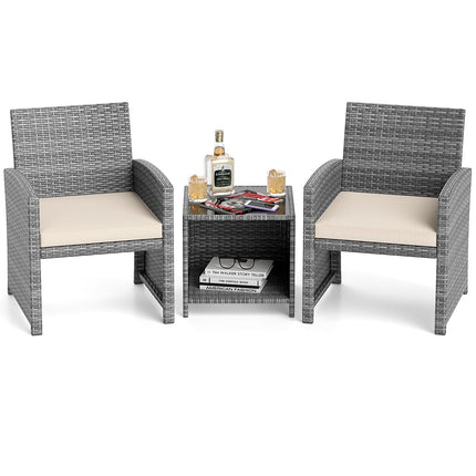3 Pieces Patio Furniture Set with Tempered Glass Coffee Table and Soft Seat Cushions-Black