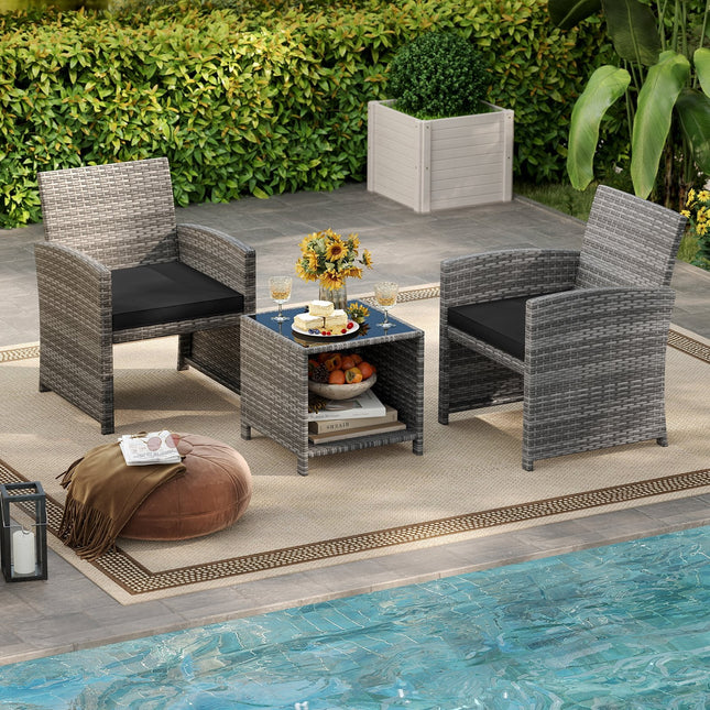 3 Pieces Patio Furniture Set with Tempered Glass Coffee Table and Soft Seat Cushions-Black