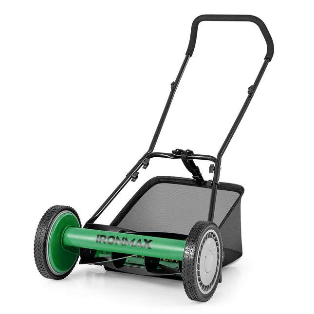 16 Inch Push Lawn Mower with 5 Steel Blades and Grass Catcher Bag-Green