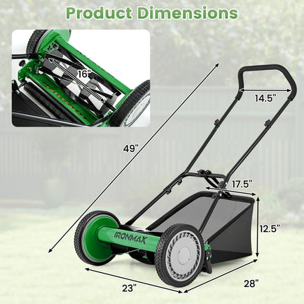 16 Inch Push Lawn Mower with 5 Steel Blades and Grass Catcher Bag-Green