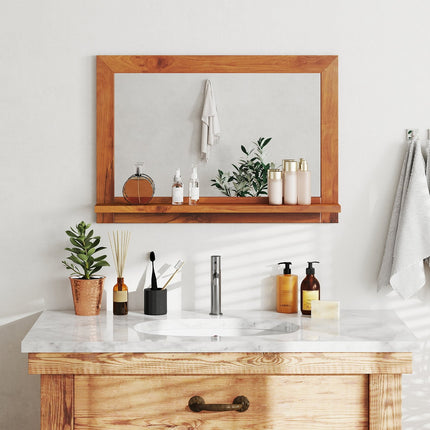 Farmhouse Wall Mirror with Shelf and Teak Wood Frame
