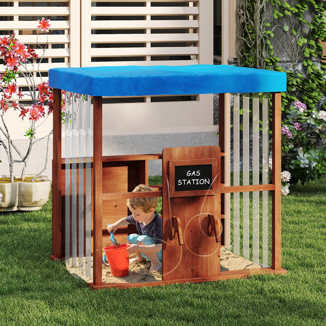Kids Gas Station Playhouse with Gas Refueling Guns for Aged 3+-Brown
