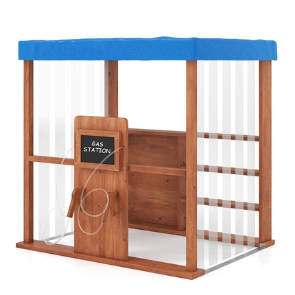 Kids Gas Station Playhouse with Gas Refueling Guns for Aged 3+-Brown