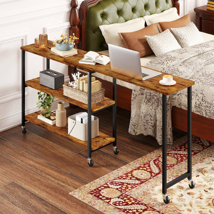 Patented Large 360-Degree Free Rotating Sofa Side Table with Wheels and Storage Shelf-Brown