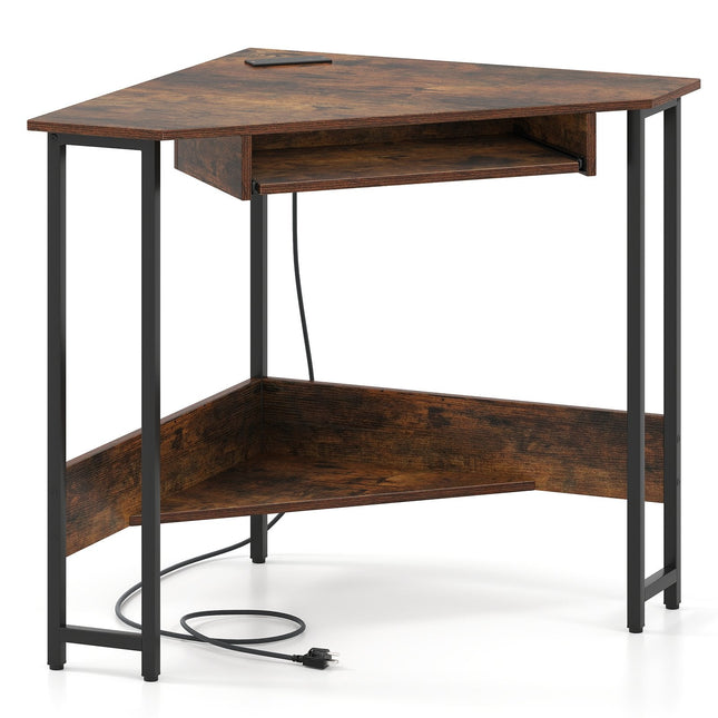 Triangle Corner Desk with Charging Station Keyboard Tray and Storage Shelf-Rustic Brown