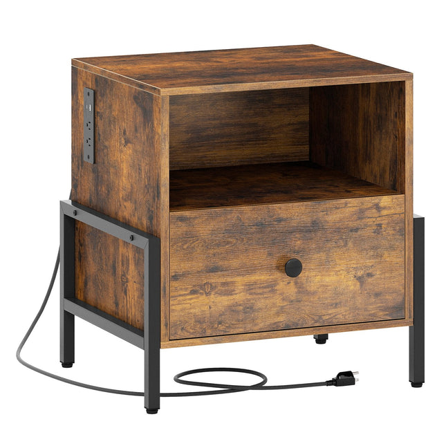 Nightstand with Charging Station and Drawer Sofa Side Table-Rustic Brown