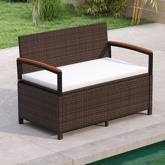 Outdoor Storage Bench Deck Box Patio Furniture with Cushion-White