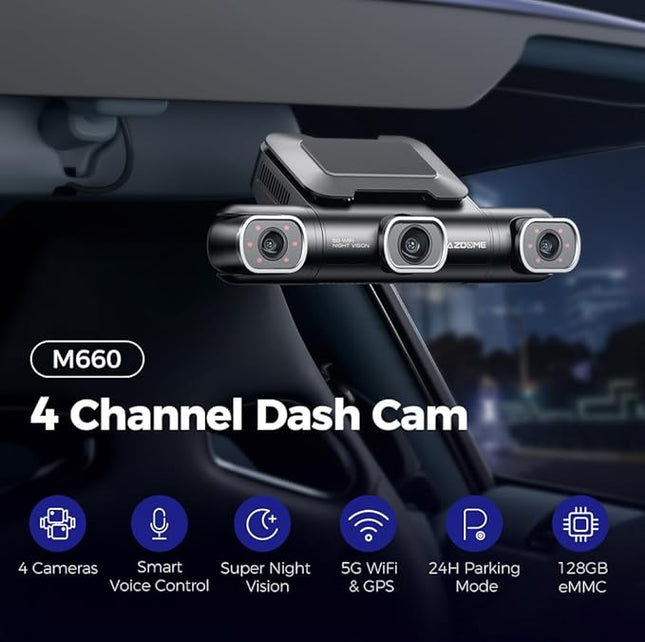 AZDOME M660 4 Channel 360° Dash Cam with 128GB eMMC, 2.5K+1K+1K+1K Dashcam