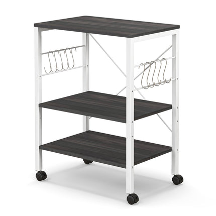 3-Tier Kitchen Baker's Rack Microwave Oven Storage Cart with Hooks-Charcoal Brown