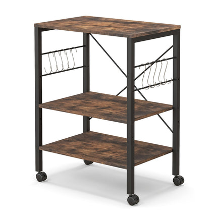 3-Tier Kitchen Baker's Rack Microwave Oven Storage Cart with Hooks-Charcoal Brown