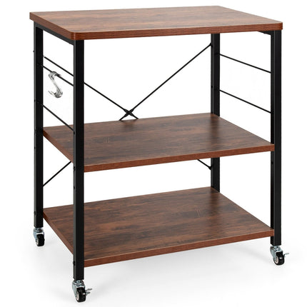 3-Tier Kitchen Baker's Rack Microwave Oven Storage Cart with Hooks-Charcoal Brown