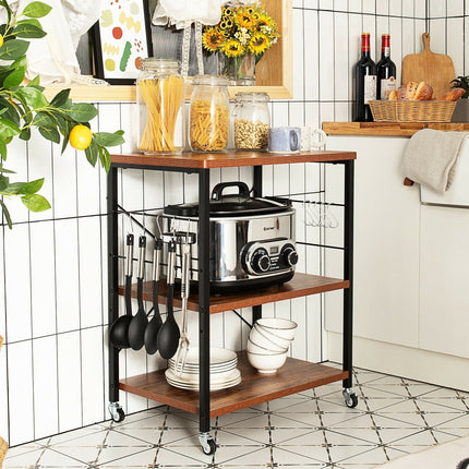 3-Tier Kitchen Baker's Rack Microwave Oven Storage Cart with Hooks-Charcoal Brown