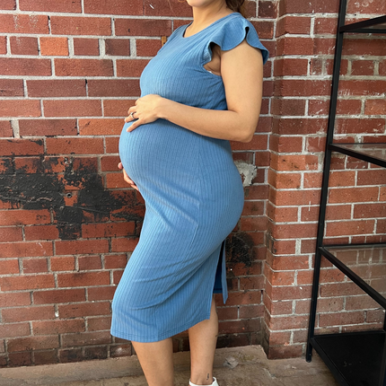 Baby Blue Ruffle Sleeve Ribbed Maternity Dress