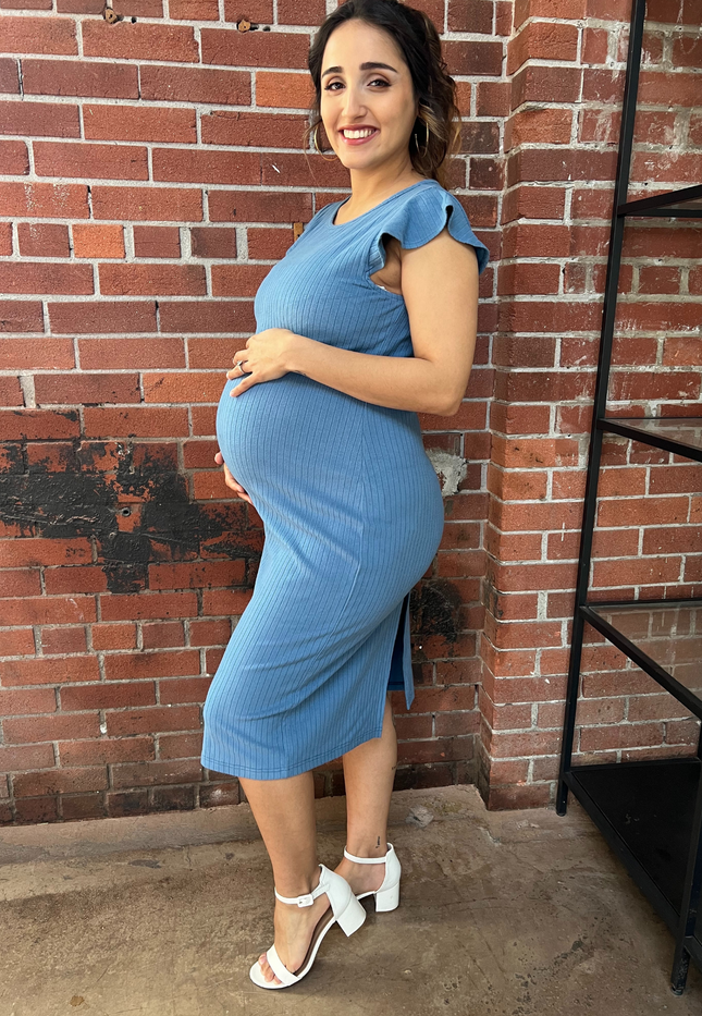 Baby Blue Ruffle Sleeve Ribbed Maternity Dress