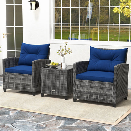 3 Pieces Outdoor Wicker Conversation Set with Tempered Glass Tabletop-Black