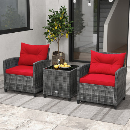 3 Pieces Outdoor Wicker Conversation Set with Tempered Glass Tabletop-Black