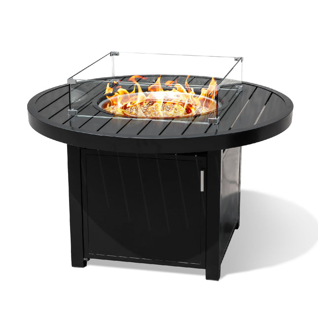 Propane FirePit Table: 50,000 BTU Aluminum Slat Top with Lid, Stainless Steel Burner, Windguard, 8KG Glass Beads, 300D PVC Cover, CSA-Listed