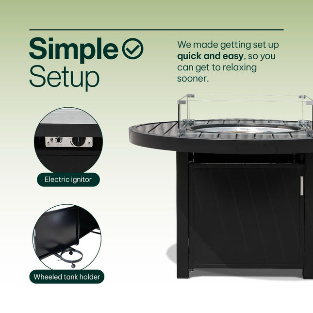 Propane FirePit Table: 50,000 BTU Aluminum Slat Top with Lid, Stainless Steel Burner, Windguard, 8KG Glass Beads, 300D PVC Cover, CSA-Listed