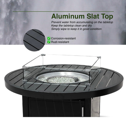 Propane FirePit Table: 50,000 BTU Aluminum Slat Top with Lid, Stainless Steel Burner, Windguard, 8KG Glass Beads, 300D PVC Cover, CSA-Listed