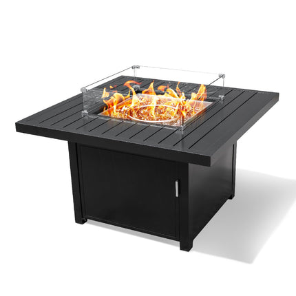 Propane FirePit Table: 50,000 BTU Aluminum Slat Top with Lid, Stainless Steel Burner, Windguard, 8KG Glass Beads, 300D PVC Cover, CSA-Listed