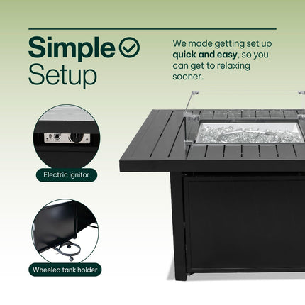 Propane FirePit Table: 50,000 BTU Aluminum Slat Top with Lid, Stainless Steel Burner, Windguard, 8KG Glass Beads, 300D PVC Cover, CSA-Listed