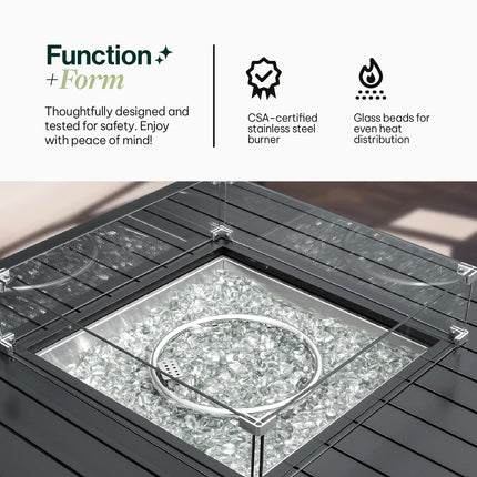Propane FirePit Table: 50,000 BTU Aluminum Slat Top with Lid, Stainless Steel Burner, Windguard, 8KG Glass Beads, 300D PVC Cover, CSA-Listed