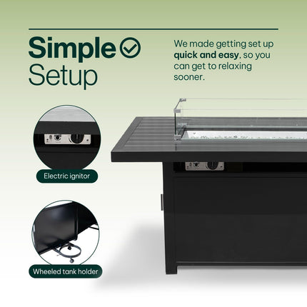 Propane FirePit Table: 50,000 BTU Aluminum Slat Top with Lid, Stainless Steel Burner, Windguard, 8KG Glass Beads, 300D PVC Cover, CSA-Listed