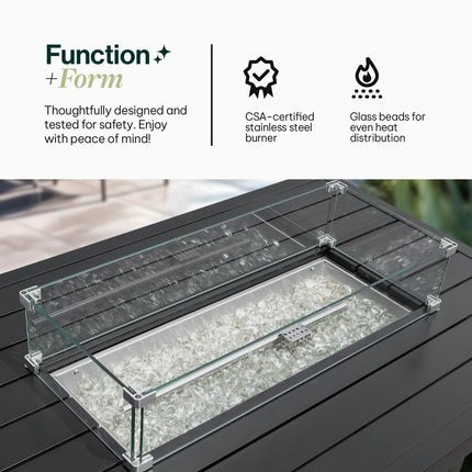 Propane FirePit Table: 50,000 BTU Aluminum Slat Top with Lid, Stainless Steel Burner, Windguard, 8KG Glass Beads, 300D PVC Cover, CSA-Listed