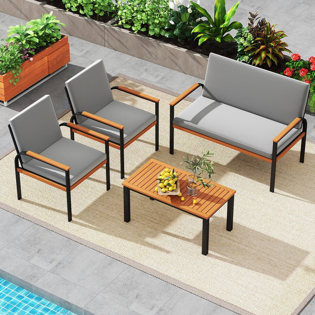 4 Piece Patio Furniture Set with Coffee Table and Loveseat with Removable Cushions-Gray