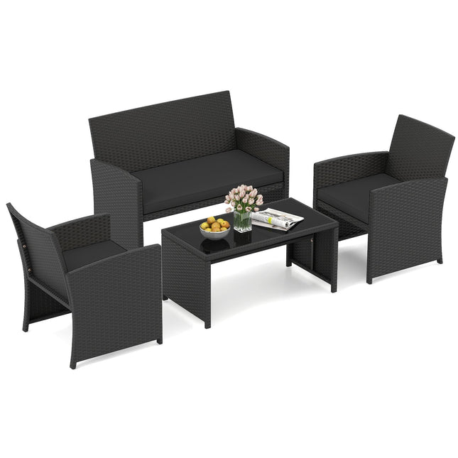 4 Pieces Patio Furniture Set with Tempered Glass Tabletop and Removable Cushion-Black