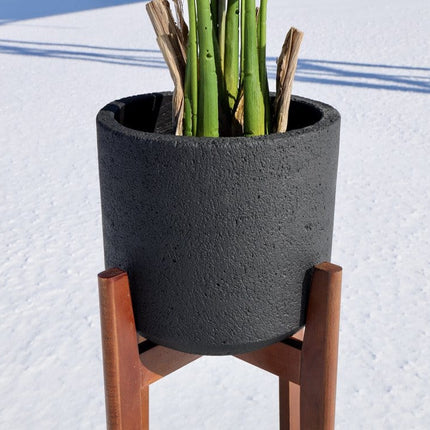 Neri Black Mid- Century Cement Planter With Wooden Stand