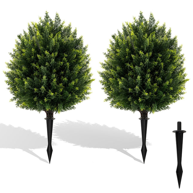 24 Inches Artificial Cypress Topiary Ball Tree Set with Ground Spike-Green