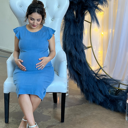 Baby Blue Ruffle Sleeve Ribbed Maternity Dress