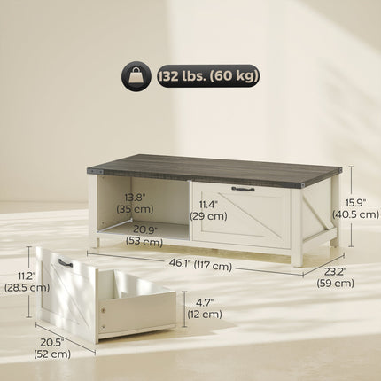 Lowen Farmhouse Coffee Table with Drawer and Open Storage Shelf-Distressed Grey/White