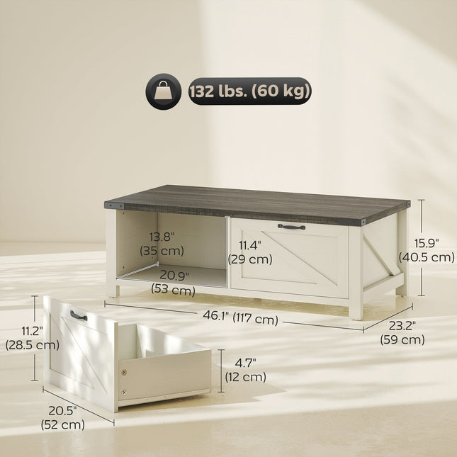 Lowen Farmhouse Coffee Table with Drawer and Open Storage Shelf-Distressed Grey/White